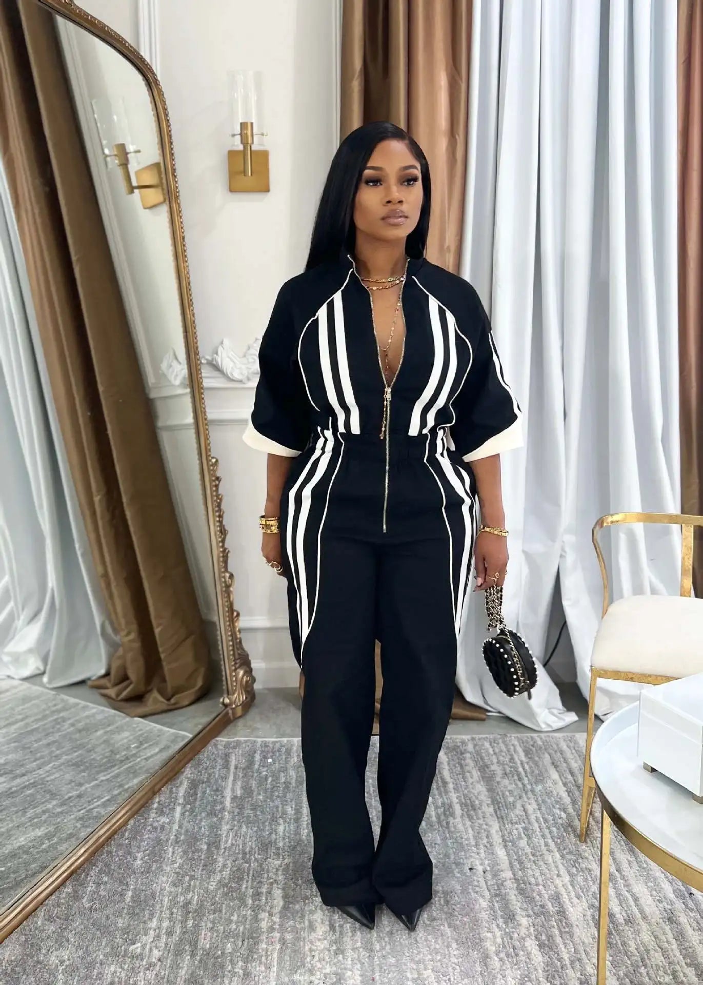 Women Jumpsuits For Spring 3/4 Sleeve Print Stripe Loose Fashion Streetwear Overalls Wide Leg Pants Trousers 2025 Summer