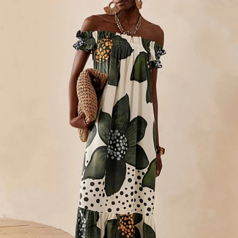 Sexy Off Shoulder Hight Waist Holiday Dress Fashion Pattern Print Loose Party Dress Women's Casual Short Sleeve Bohe Long Dress