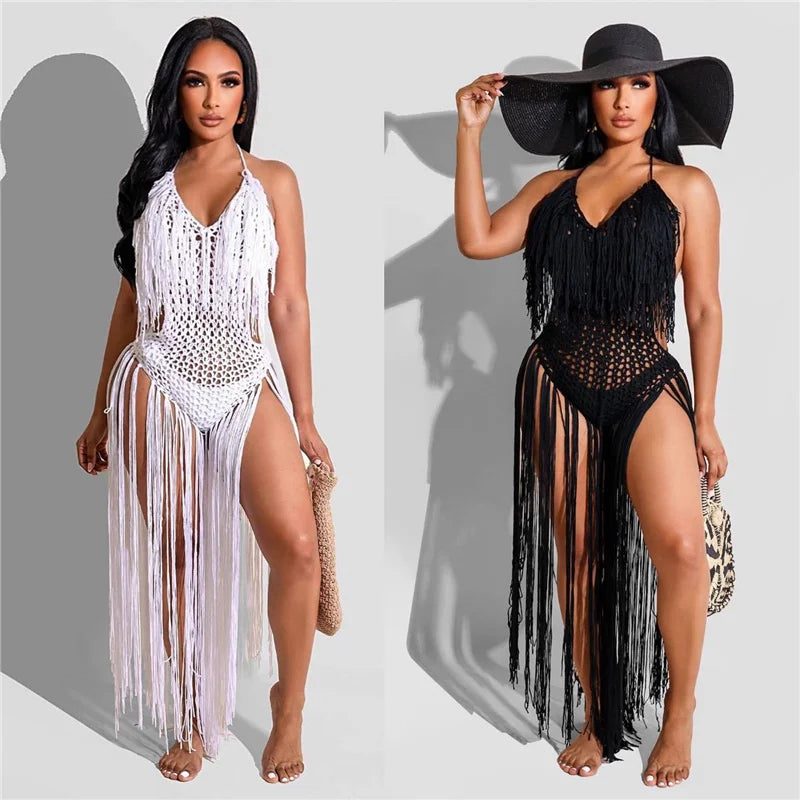 Sexy Crochet Knitted Beach Summer Dress Women Halter V-neck Tassel Backless Maxi Dress Vacation Sheer Long Dresses Swimsuit 2022