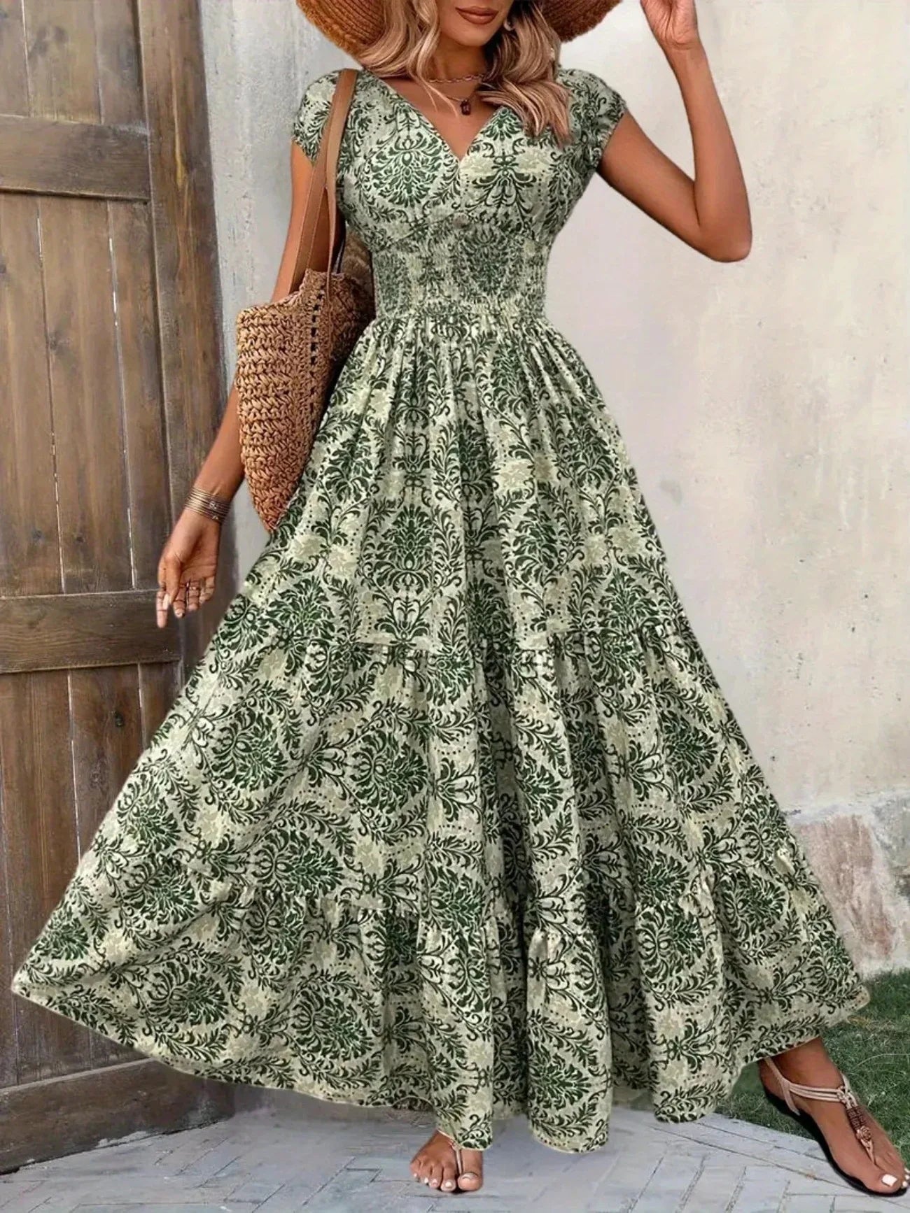 Bohemian Floral Printed V Neck Midi Dress For Women