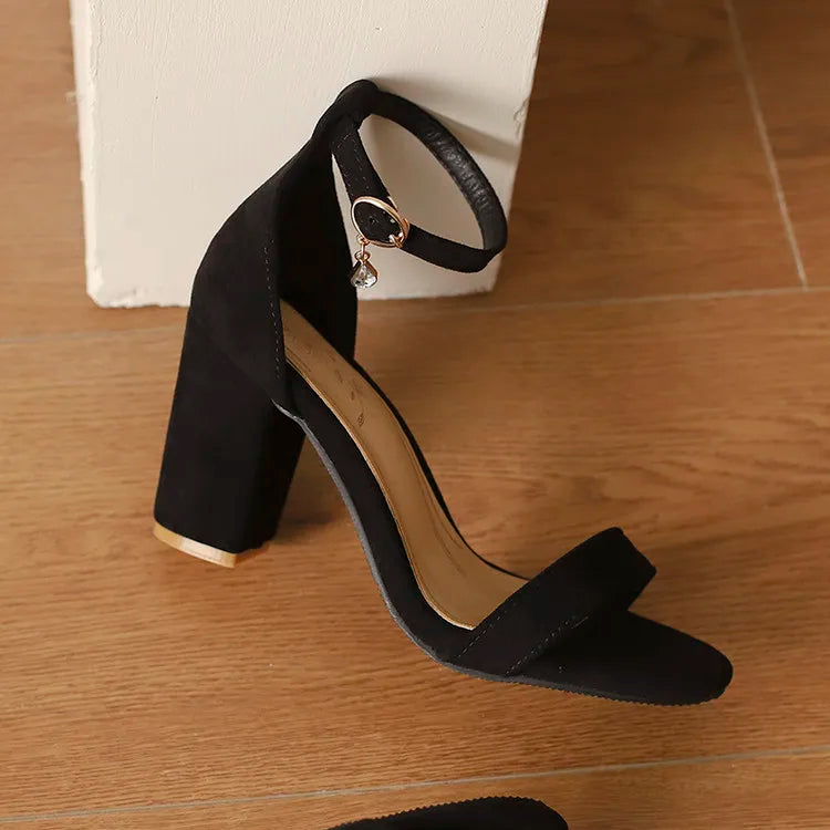 Beige Suede Rhinestone Block Heel Sandals