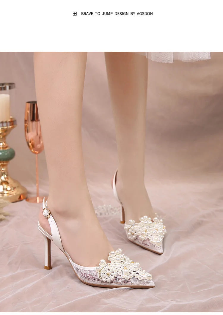 Lace Pearl Beaded Pointed Toe Stiletto Heels for Women