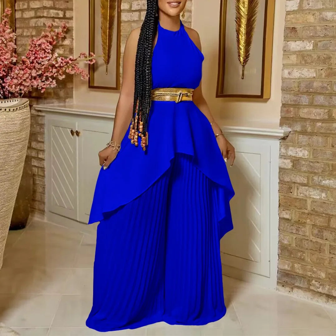 2 Pieces Pants Sets Womens Outfits Blouse Extra Long Sleeveless Backless Belt Waisted & Wide Leg Pants Pleated Floor Length Sets