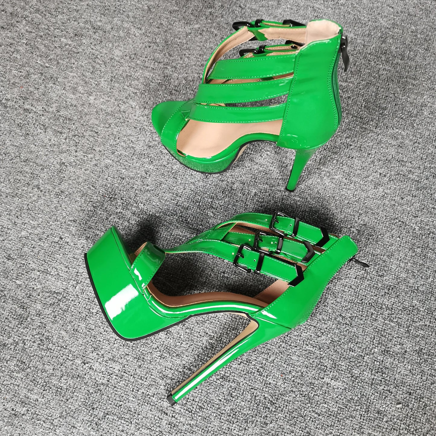 Green Patent Leather High Heel Strappy Sandals With Buckle for Women