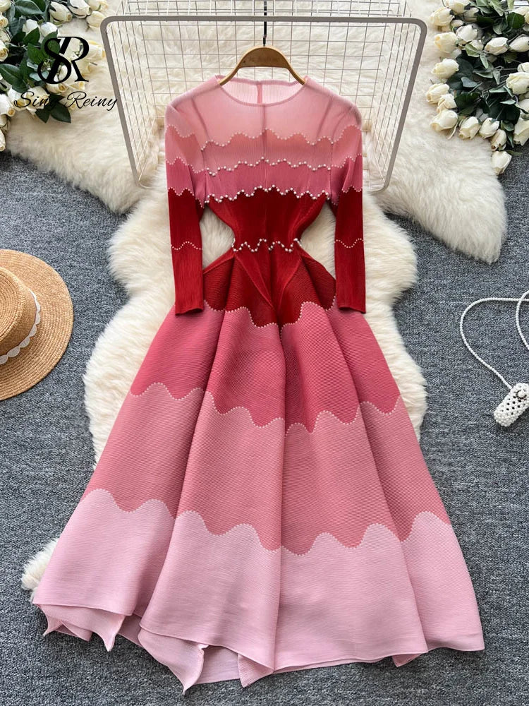 Wave Print Long Sleeve Ankle Length Evening Dress for Women