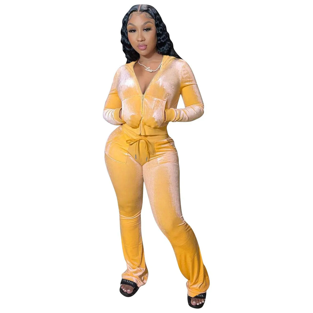 Hooded Zip Top And High Waist Pants Outfit Set for Women