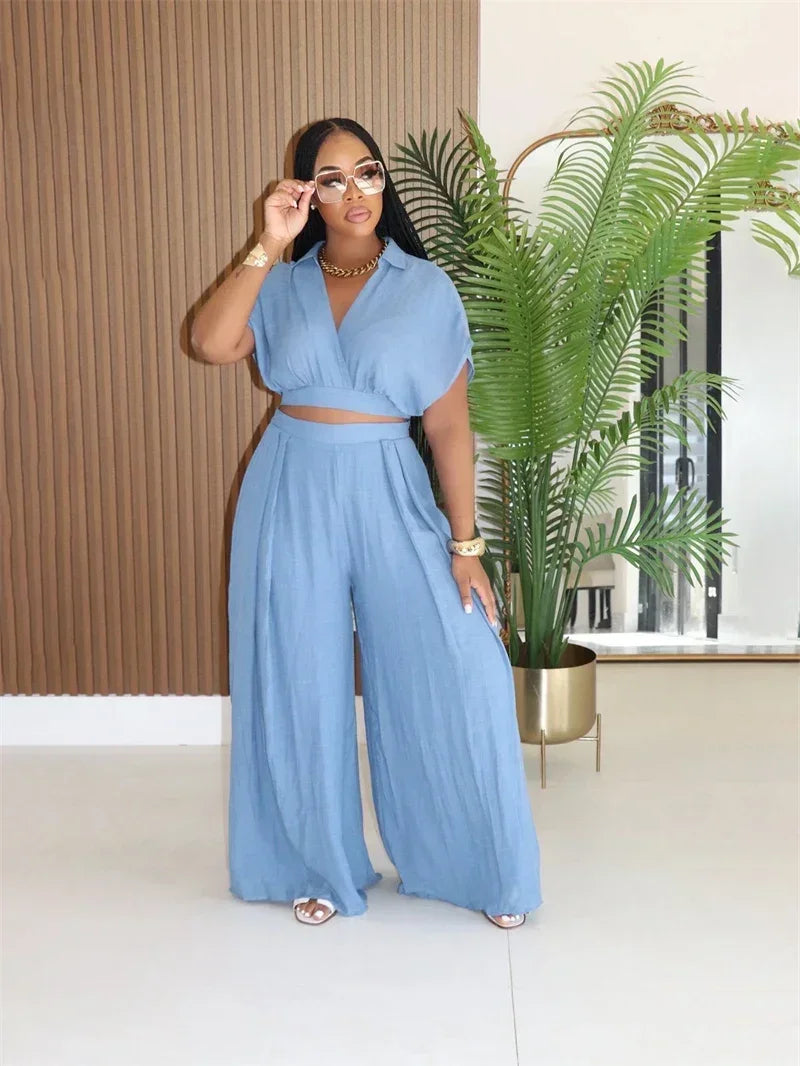 Relaxed Casual Crop Top And Wide Leg Pants Set for Women