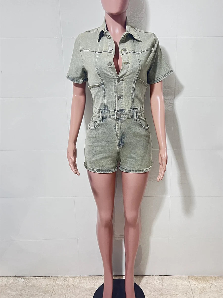 Relaxed Fit Retro Streetwear Denim Romper for Women