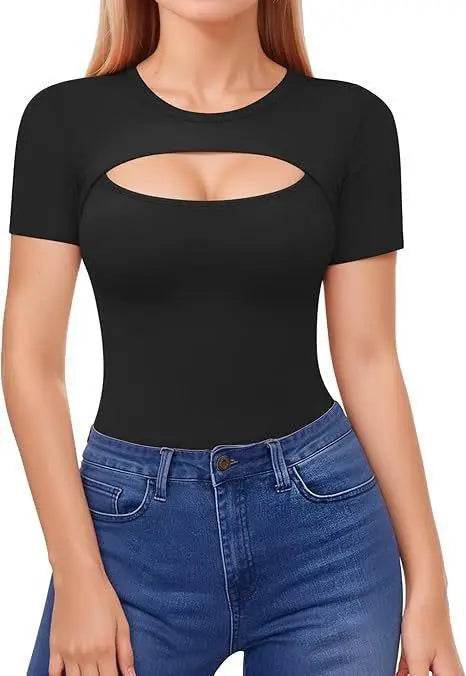 Seductive Tops Intricate Hollow Lacework T-Shirt Figure Hugging RoundNeck Blouse Classic Comfortable SolidColor Shirt