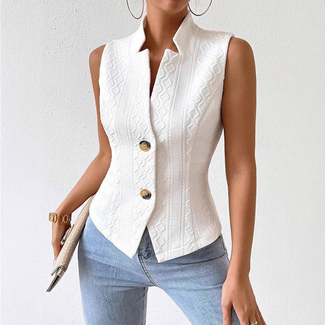Solid Color Slim Fit Sleeveless Vest With Stand Up Collar for Women