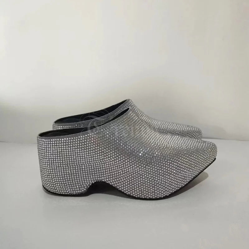 Black Mirror Leather Pointed Toe Crystal Slingback Mules For Women