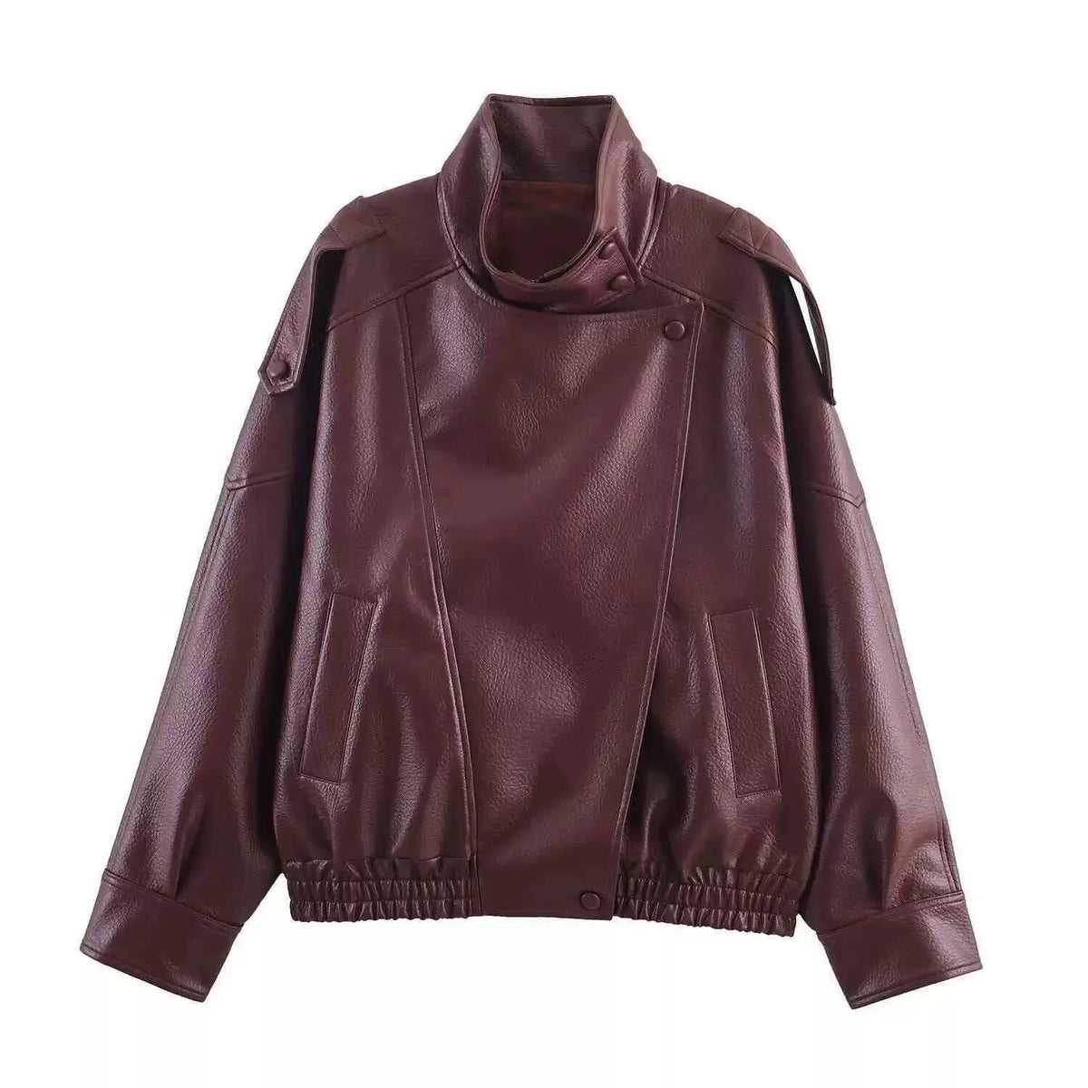 Cropped Oversized Black Leather Bomber Jacket for Women
