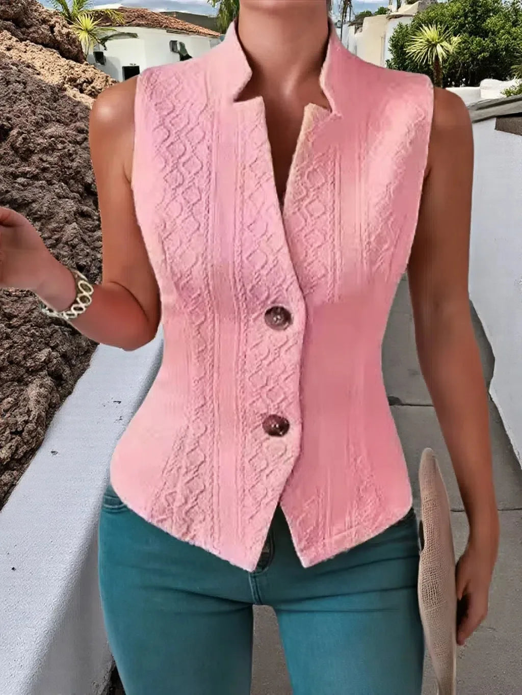 Solid Color Slim Fit Sleeveless Vest With Stand Up Collar for Women