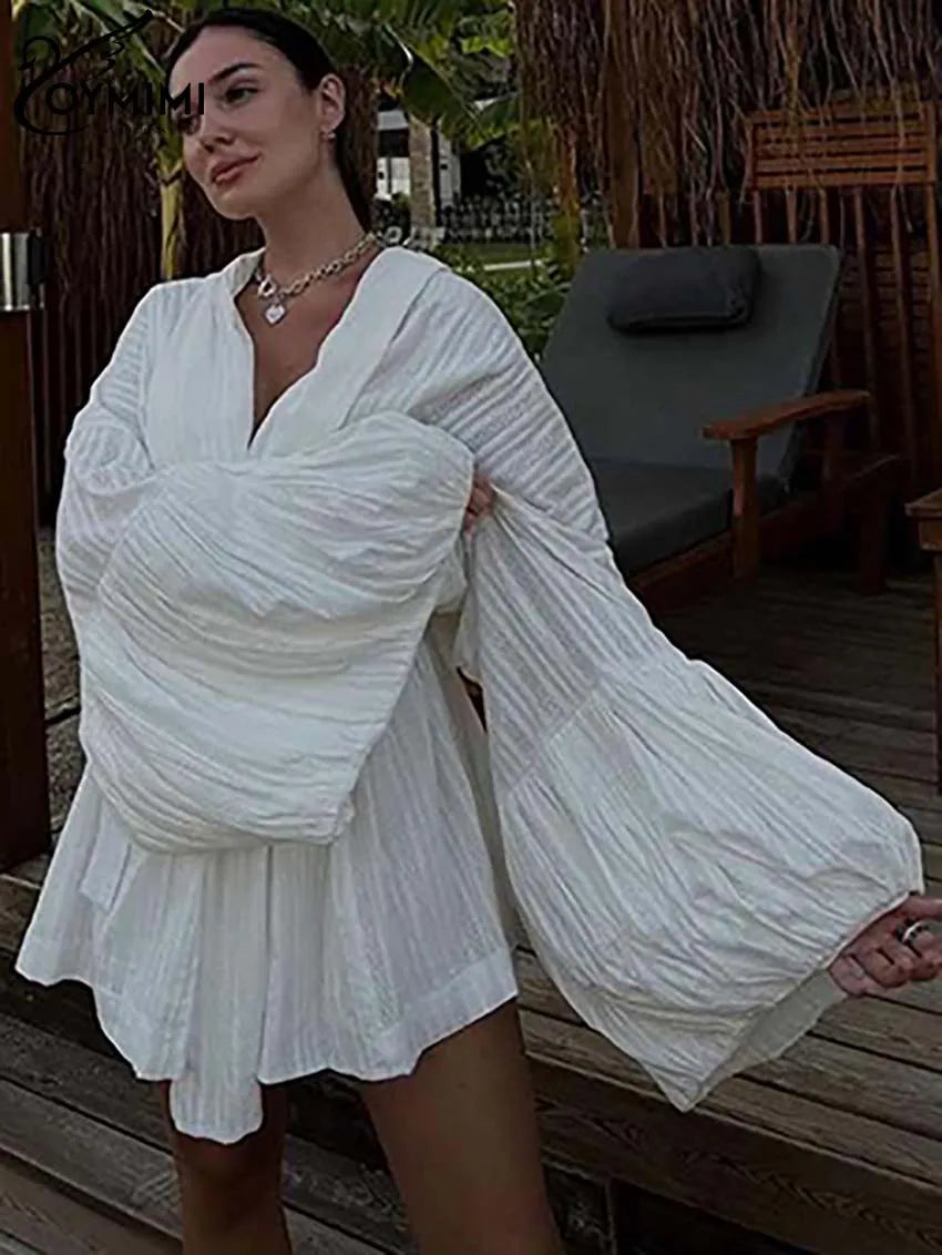 Oymimi Fashion White Cotton Women's Two Pieces Set Elegant Puff Sleeve Loose Lace-Up Shirts And High Waisted Shorts Female Sets