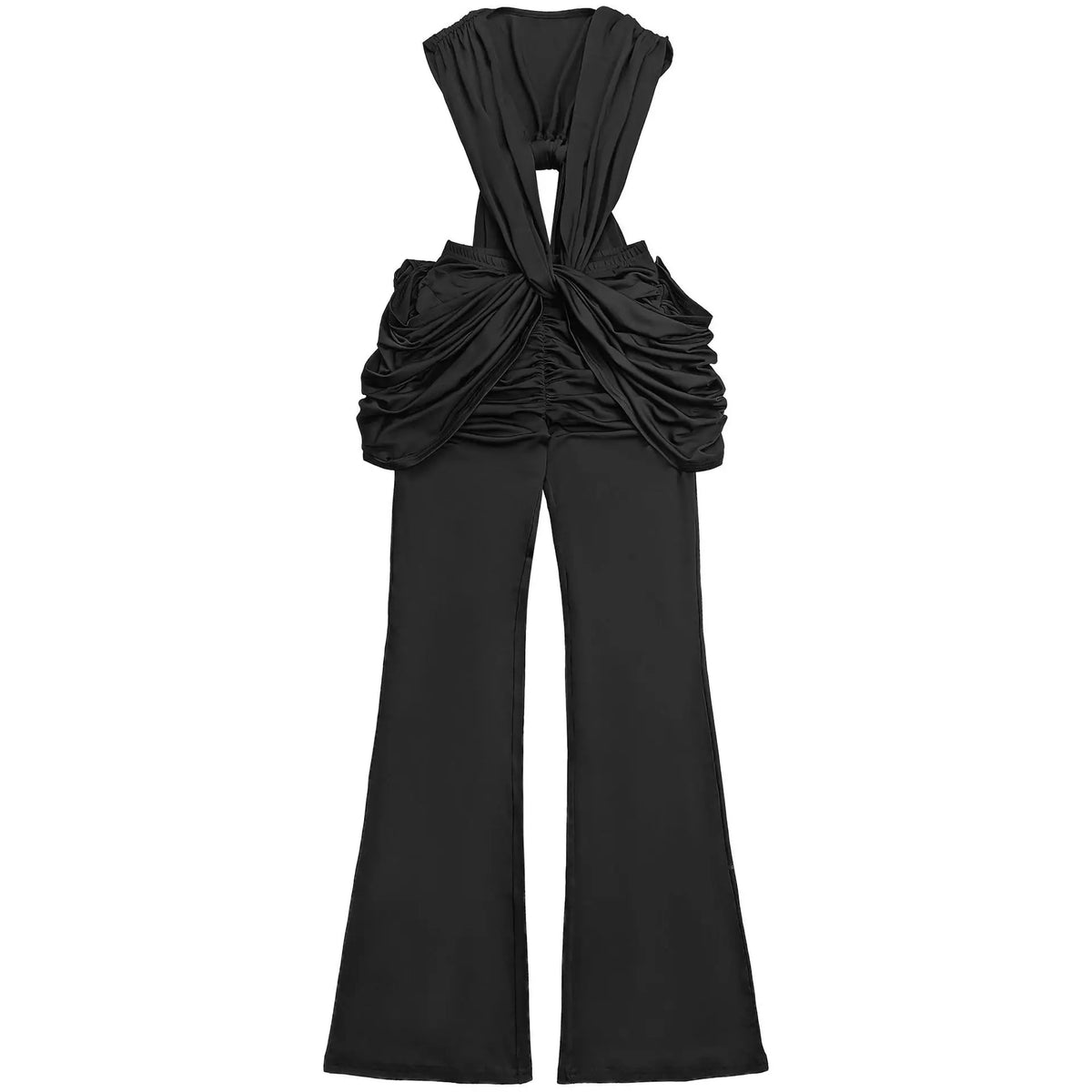 Halter Deep V Neck Ruched Flare Jumpsuit for Women