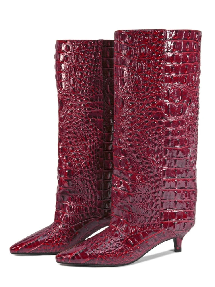 Crocodile Print Wide Shaft Kitten Heel Knee High Boots for Women