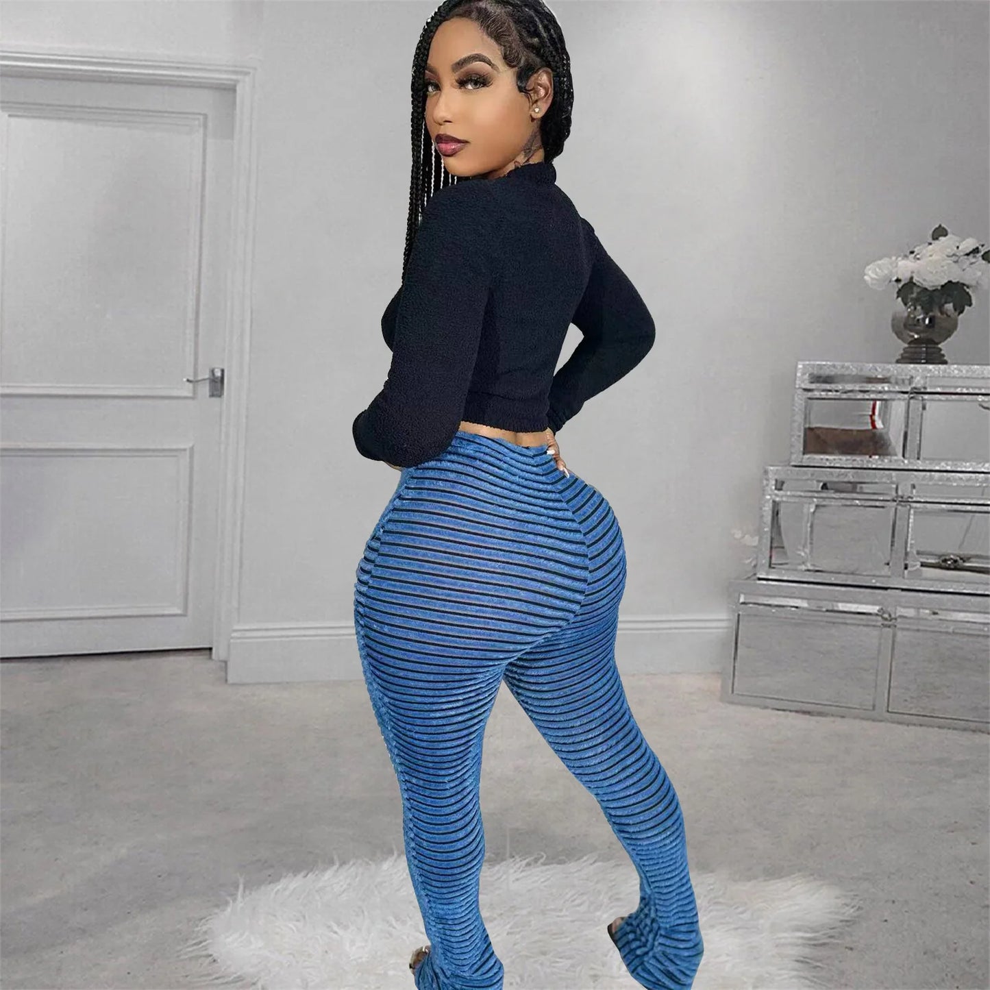 FAGADOER Stripe Plush Stacked Pants Women Casual Solid Color Fur Patchwork Flare Trousers Y2K Female Streetwear Bottoms 2025 New