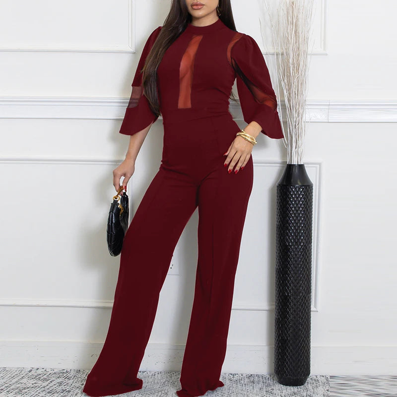 Office Lady O-neck Short Sleeved Romper Fashion Party Solid Color Long Pants Playsuit Mesh Splicing High Waist Straight Jumpsuit
