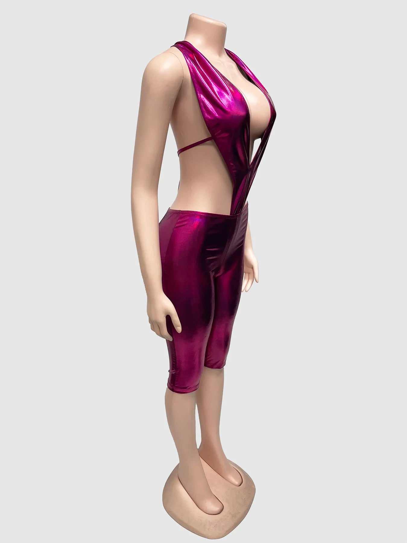 Weird Puss Sexy Women 2 Piece Set Halter Silky Hollow Sexy Backless Sleeveless Bodysuit+Bike Shorts Midnight Matching Clubwear