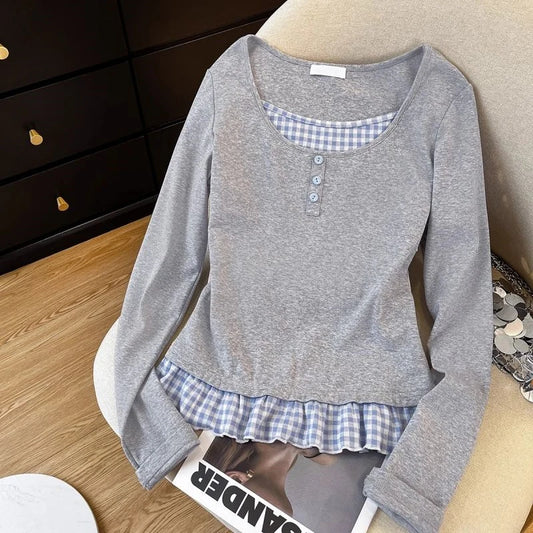 Fashion Fake Two Piece Long Sleeve T-shirt Women Autumn Round Neck Grey Plaid Splicing Pullover Korean Casual Versatile Top