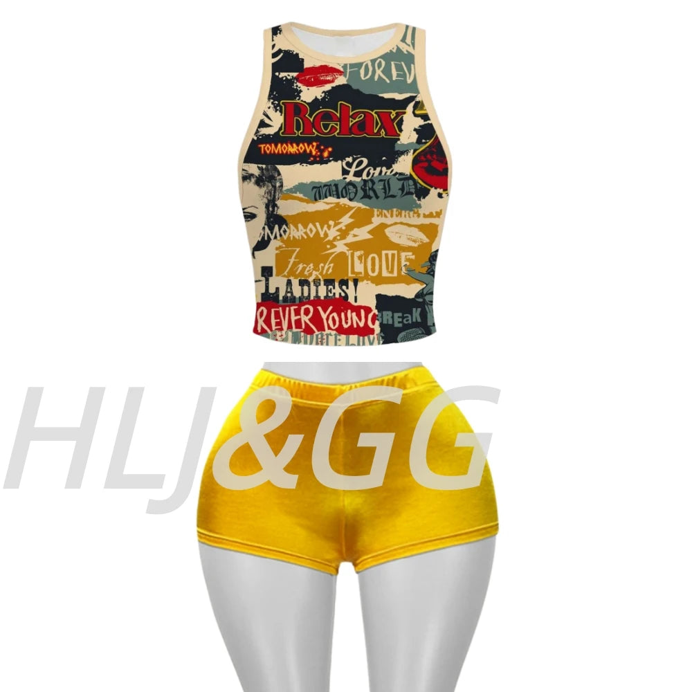 Trendy Letter Print O Neck Sleeveless Two Piece Set for Women
