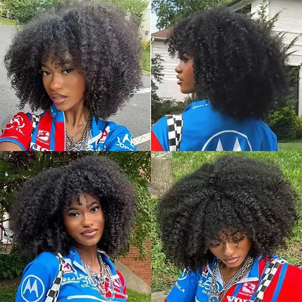 Natural Afro Kinky Curly Bob Wig With Bangs for Women