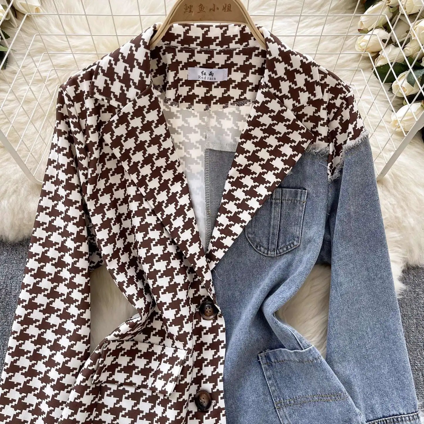 ANJY Autumn New Women Vintage Streetwear Ins Stylish Denim Patchwork Single Breasted Coat Casual Elegant Asymmetric Blazer A8421