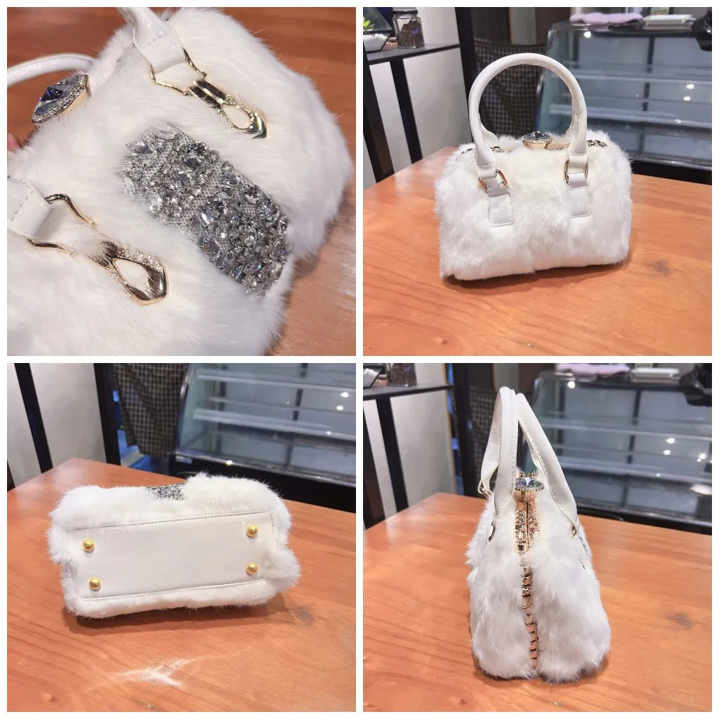 Original Designer Brand Rabbit Hair Bag New Fashion Leather Handcarry Shoulder Crossbody with Diamond Hair Bags for Women