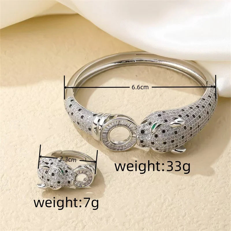 Leopard Pave Bracelet and Ring Jewelry Set for Women