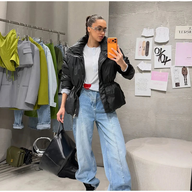 Warm Loose Fit Zipper Jacket With Stand Collar for Women