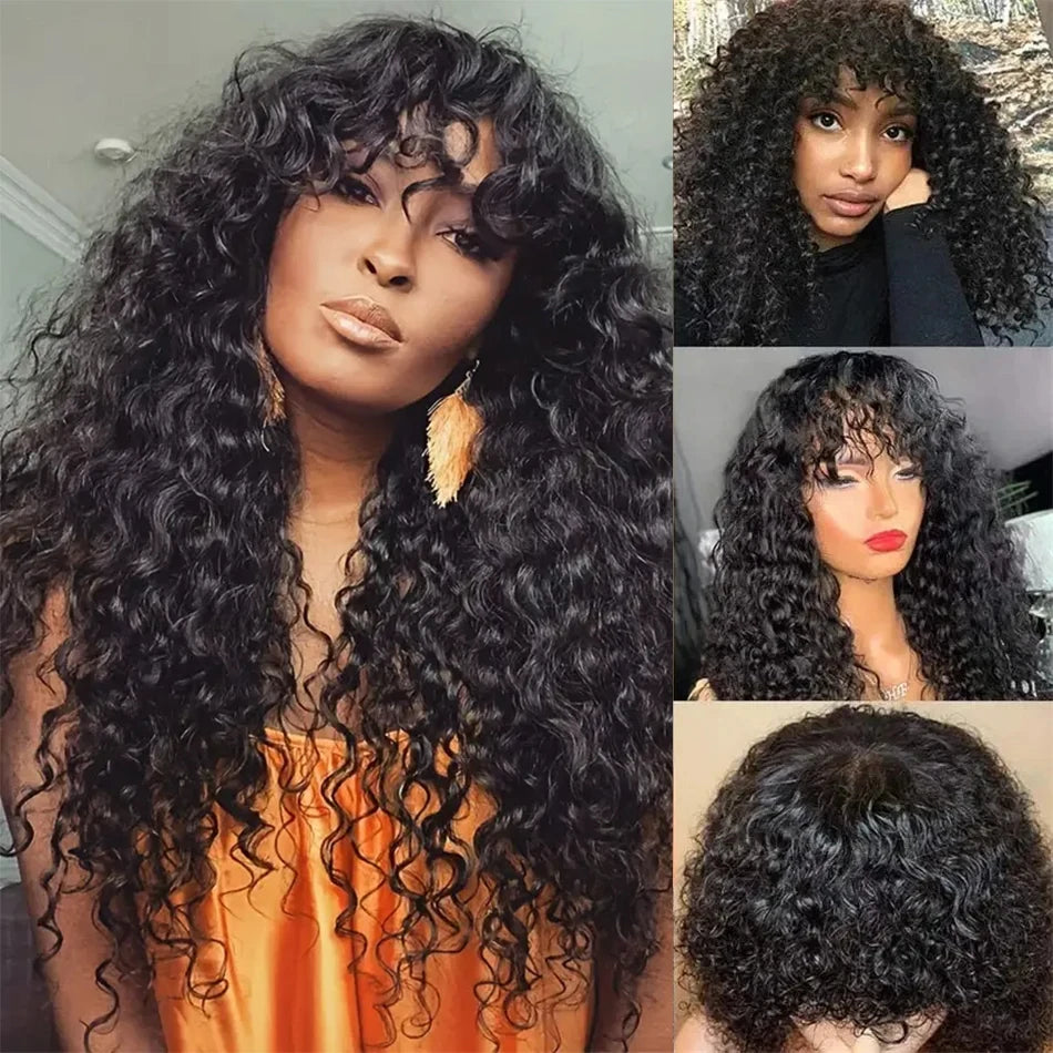 Water Wave Glueless Human Hair Wig With Bangs for Women