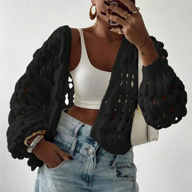 Fashion V Neck Single Breasted Crochet Jacket Woman Sexy Hollow Out Long Sleeve Knitted Sweater Casual Pure Soft Cardigan Jumper