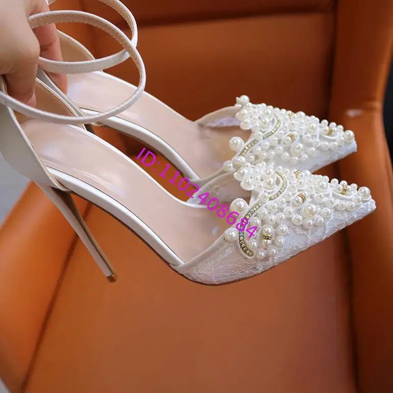 White Pearl Lace Pointed Toe Plus Size High Heel Wedding Shoes For Women
