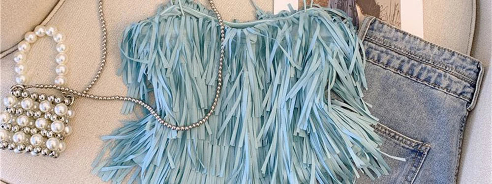 Chic Blue Fringe Tassel Halter Summer Top for Women