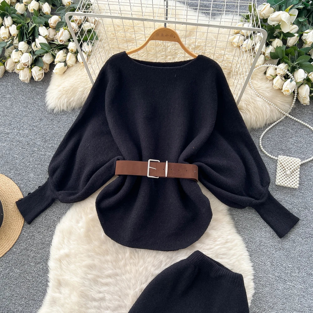 Batwing Sleeve Knit Top and High Waist Skirt Set for Women