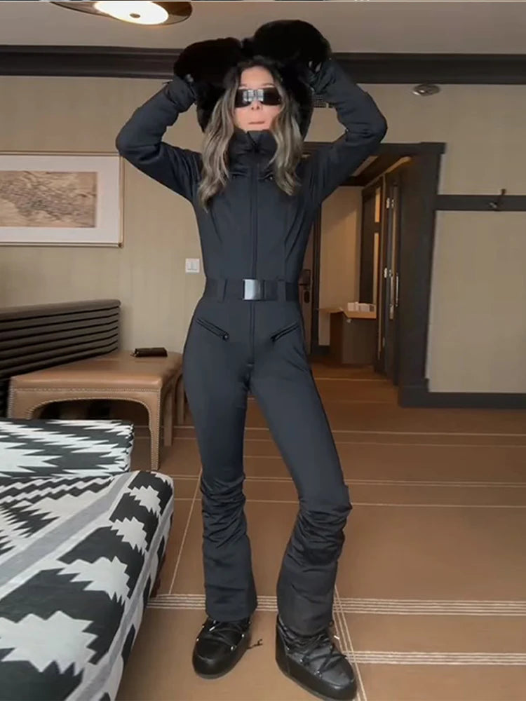 High Waist Full Zip Hooded Windproof Ski Jumpsuit For Women