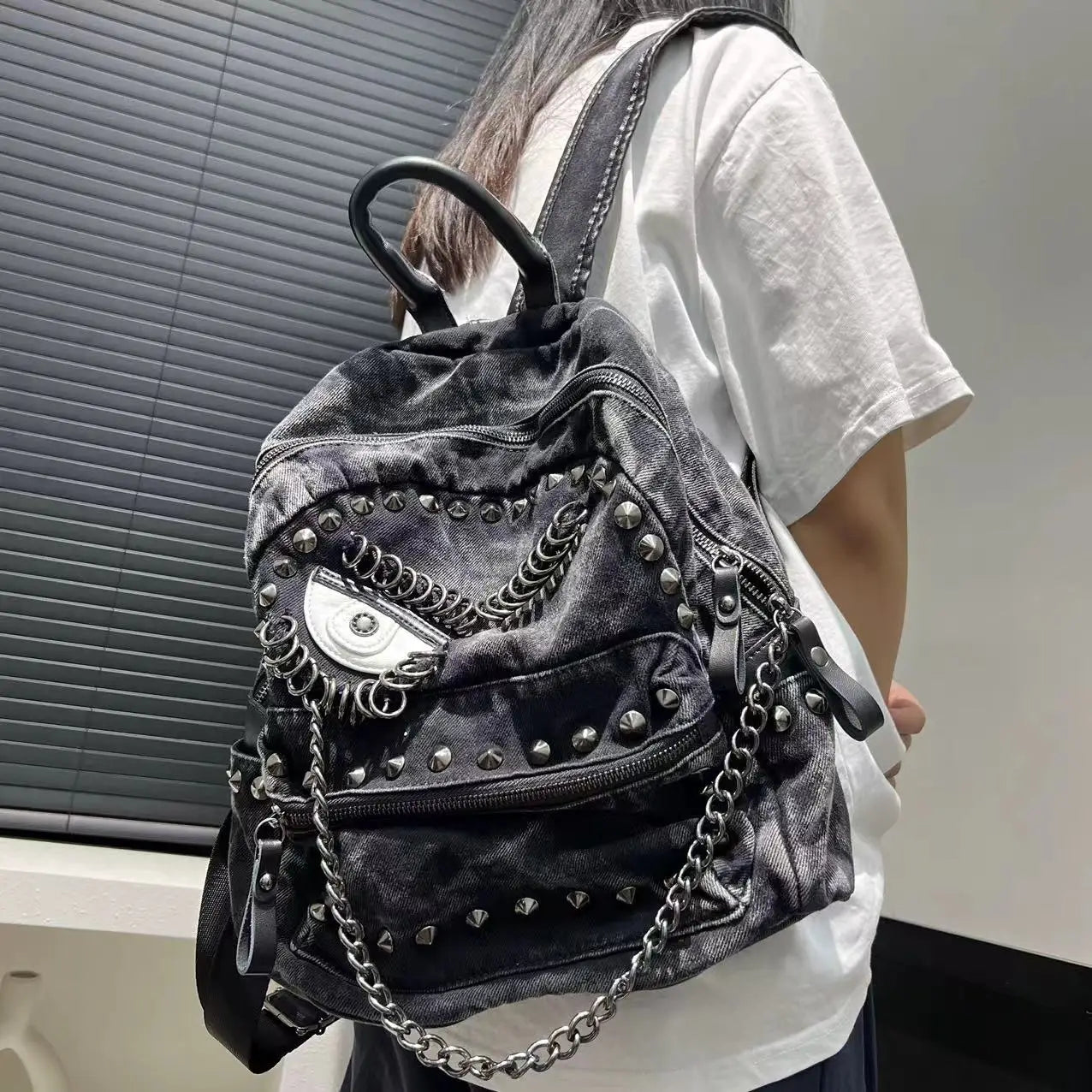 Steampunk Denim Backpack with Chain Details for Women