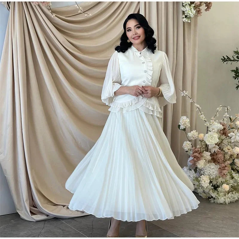 Ruffle Lantern Sleeve Top and Pleated Skirt Set for Women