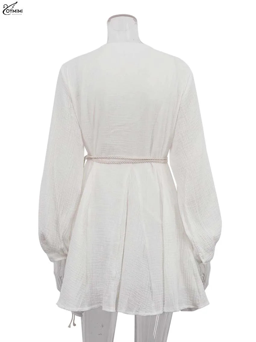 Oymimi Elegant Beige Cotton Womens Dresses Fashion V-Neck Long Sleeve Lace-Up Dresses Casual Loose Pleated Mini Dress Streetwear