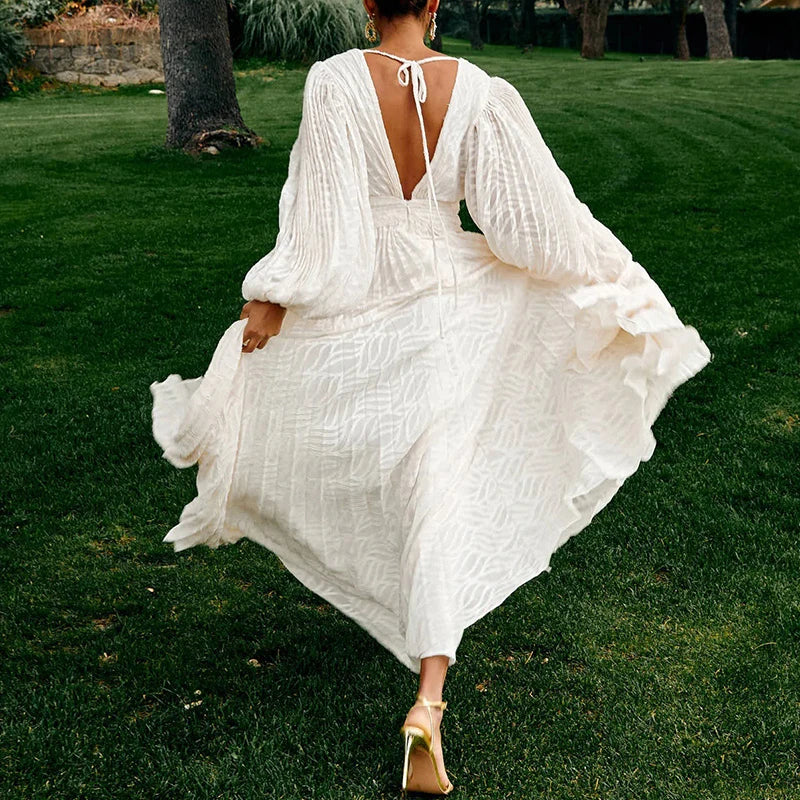 Hollow Lace Up Backless Lantern Sleeves Evening Dress for Women