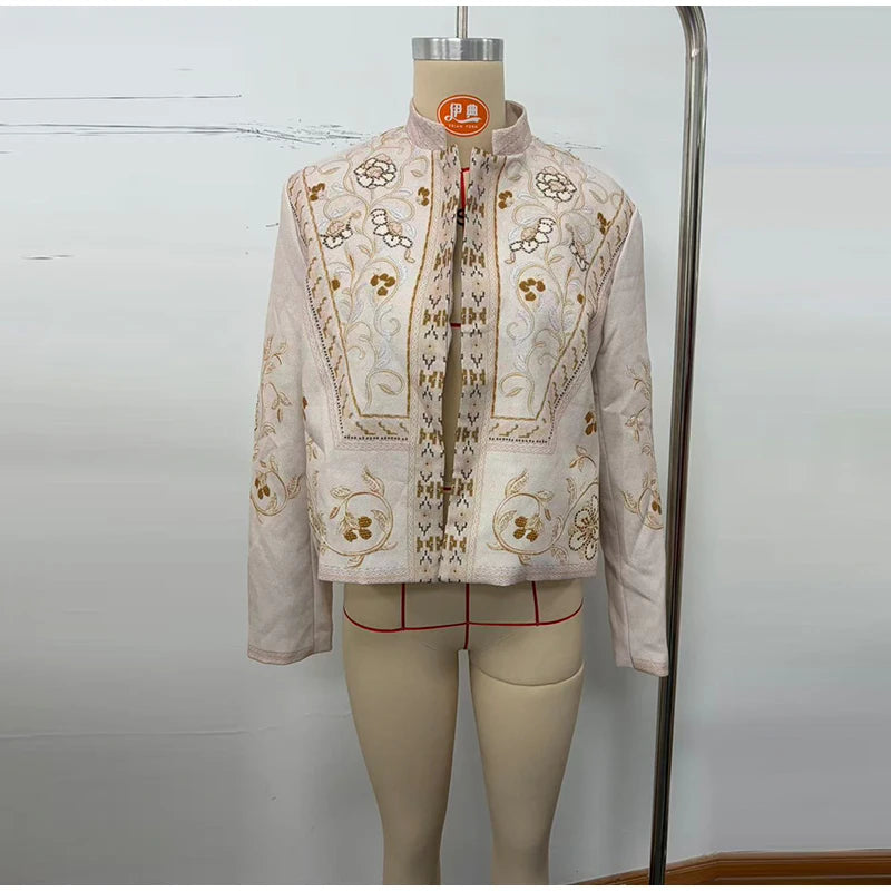 Urban Print Coat Stand Collar Long Sleeve for Women