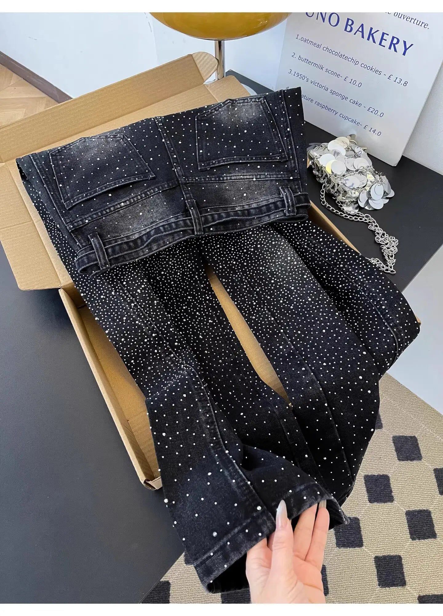 Glittering Rhinestone Wide Leg Denim Pants for Women