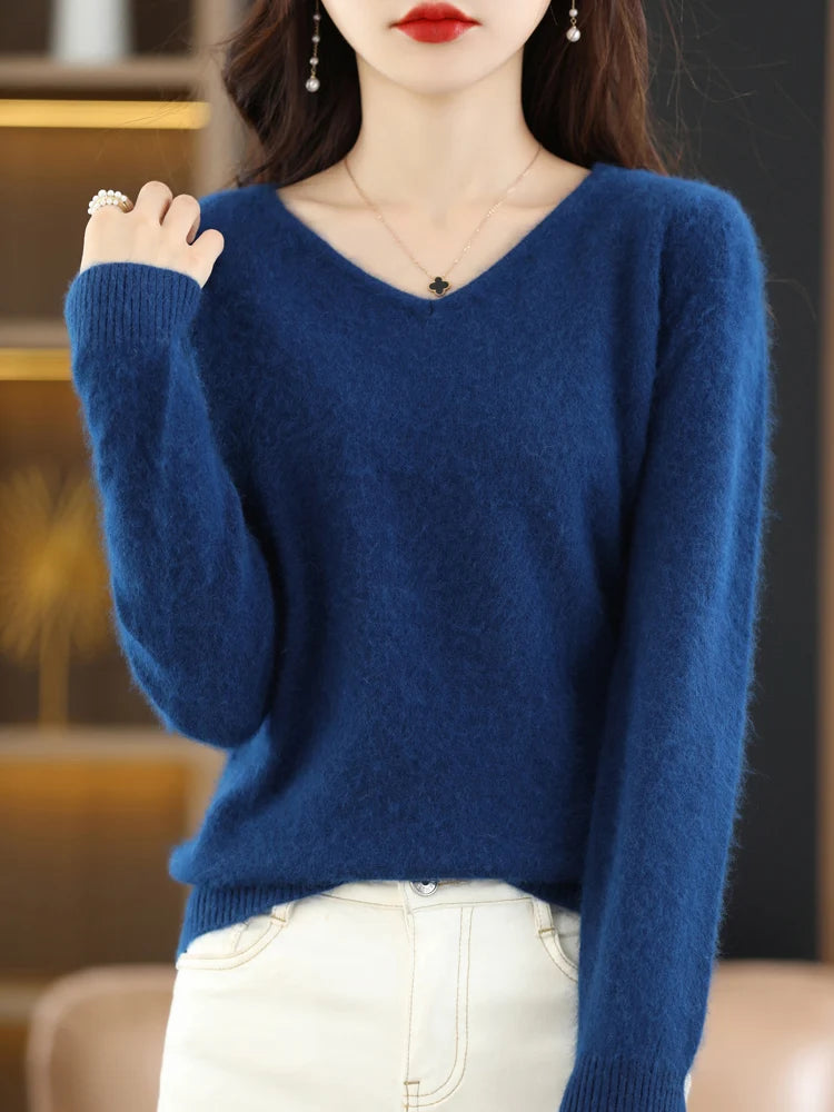 Soft Warm Loose Fit V Neck Cashmere Sweater for Women