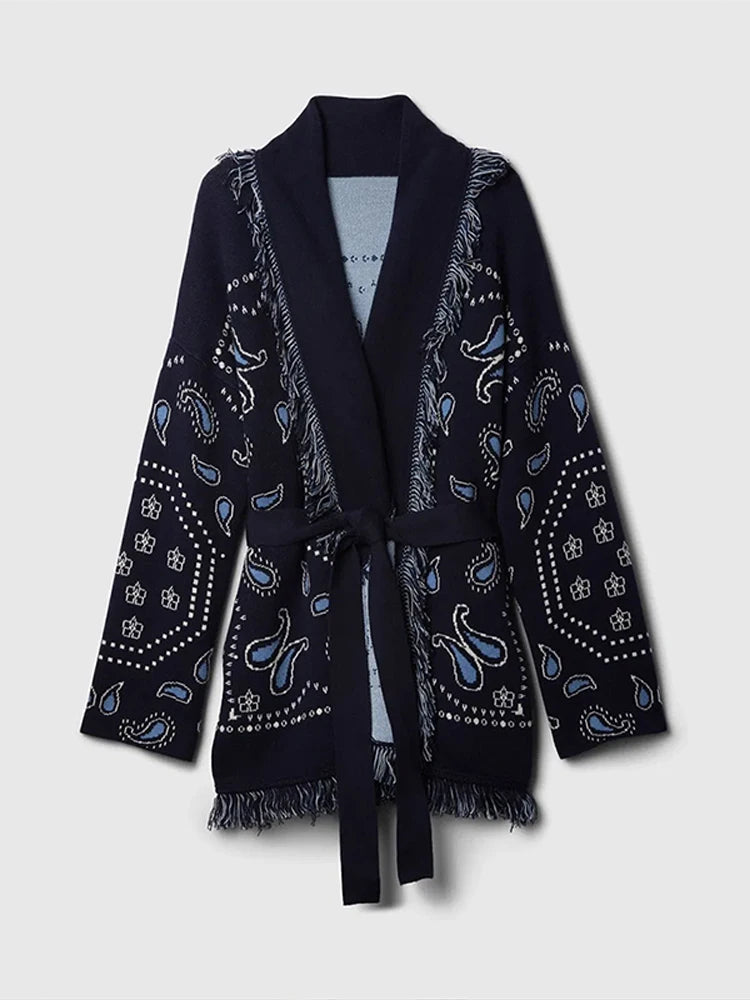 Vintage Patchwork Lace Up Long Sleeve Cardigan For Women