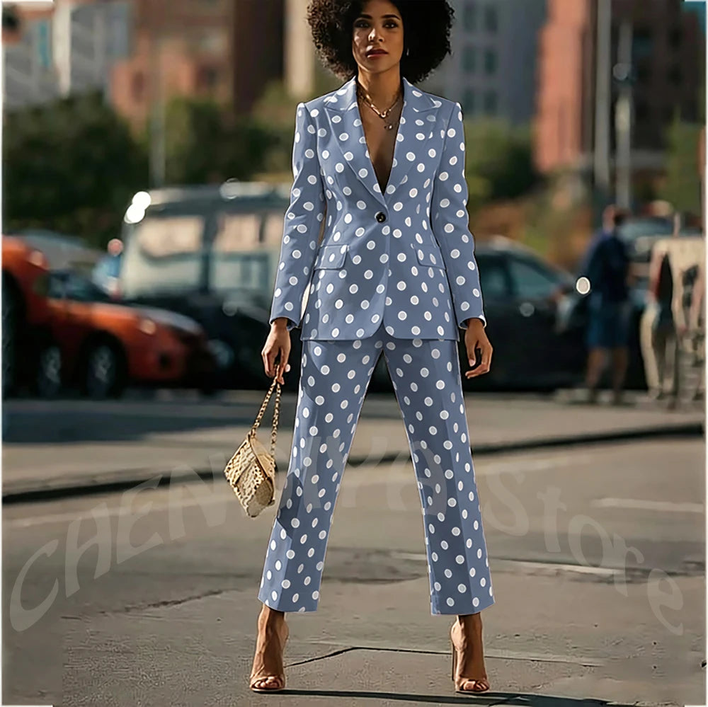 White Polka Dot Women's Suit 2 Pieces New Design Single Button Blazer Ankle Pants Fashion Set Formal Party Business Office Wear