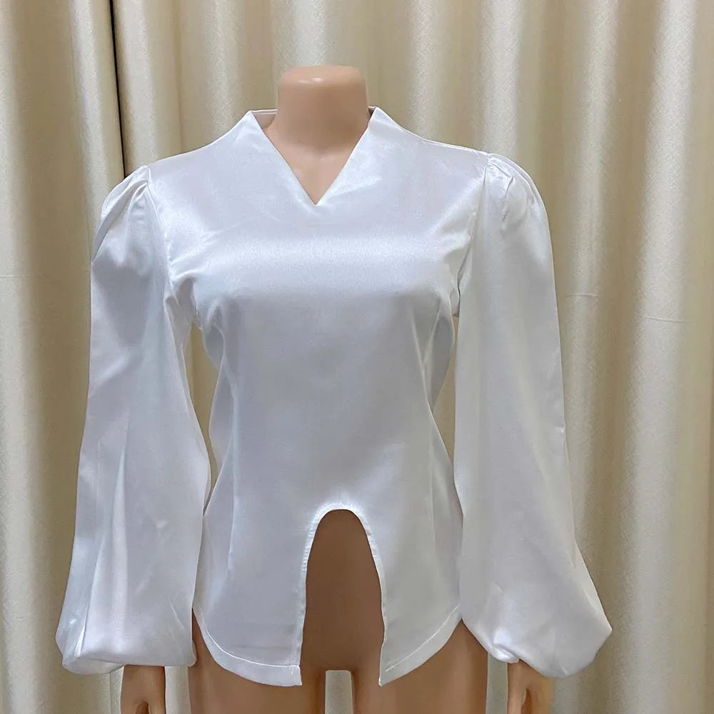 Office Blouse for Women Elegant Stylish V Neck Full Sleeve Front Split Solid Satin Luxury African Party Dinner Occasion Shirts