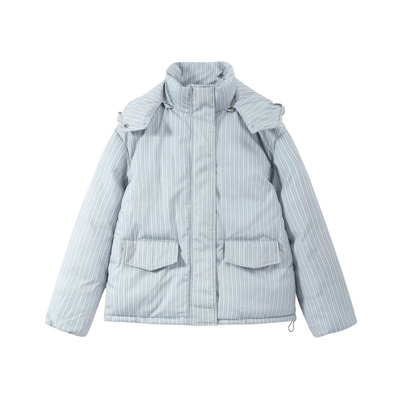 Striped Hooded Puffer Jacket and Wide Leg Pants Set for Women