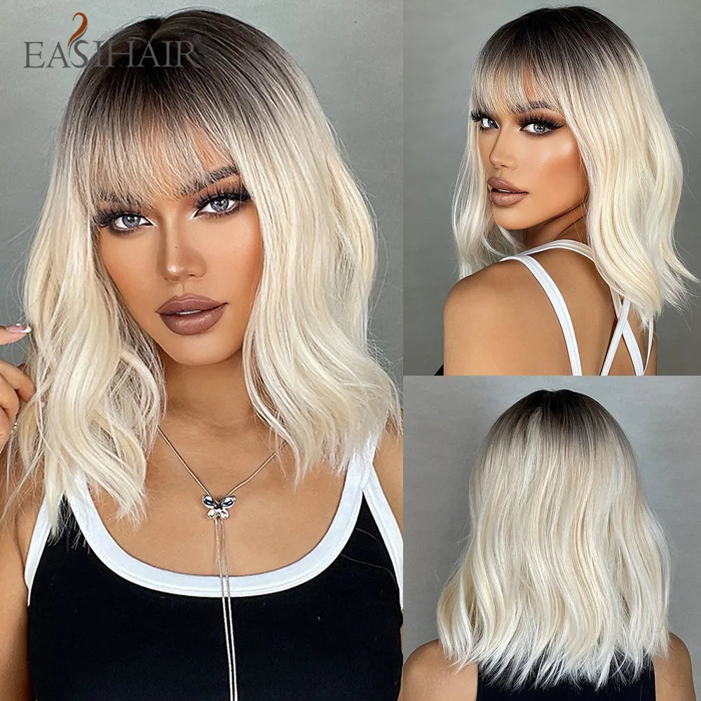 Light Blonde Bob Wig With Bangs for Women Heat Resistant