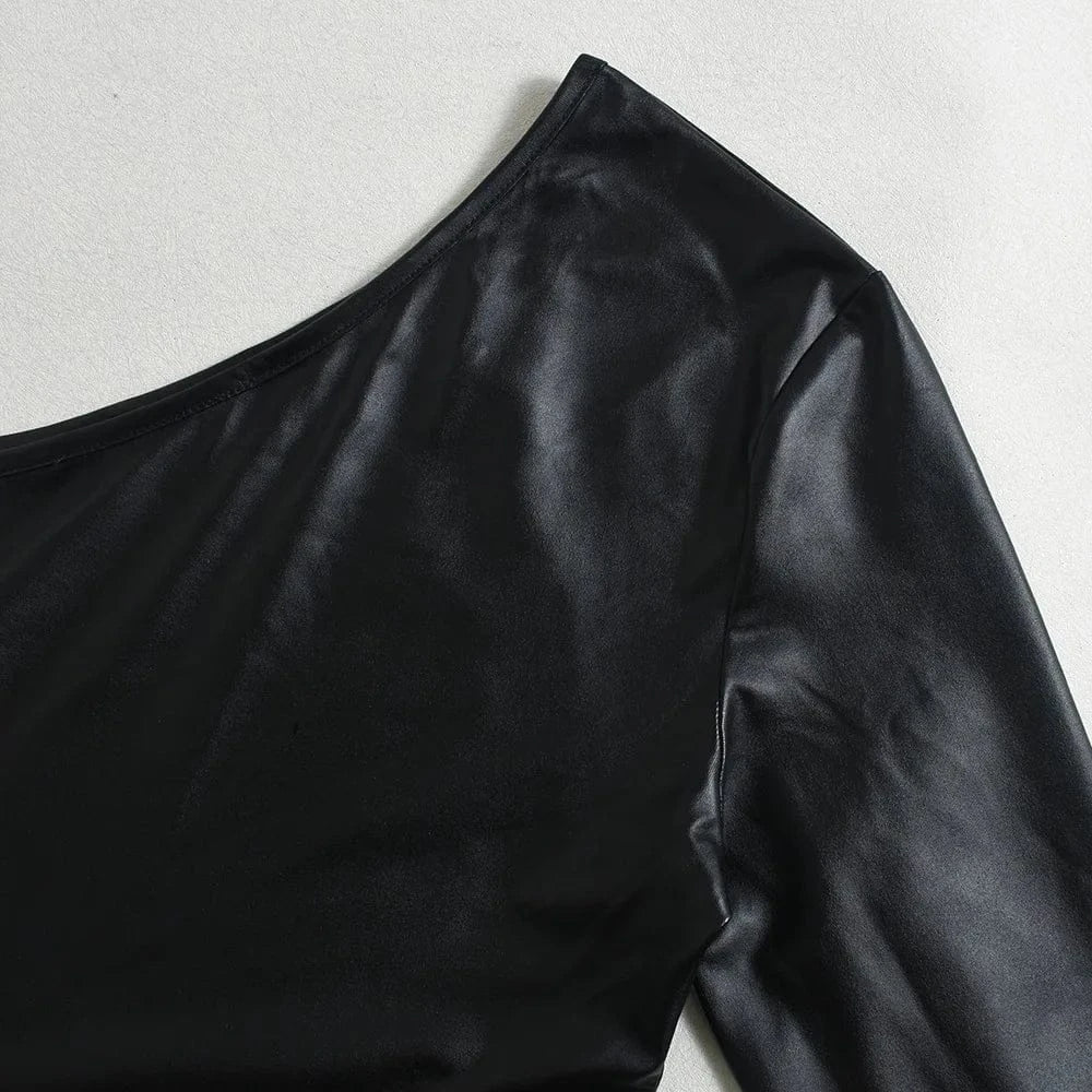 Weird Puss Bandage Hollow Dress Women Irregular Diagonal Collar Backless Single Sleeve Hot Girls Skinny Peach Hip Mini Bodycon