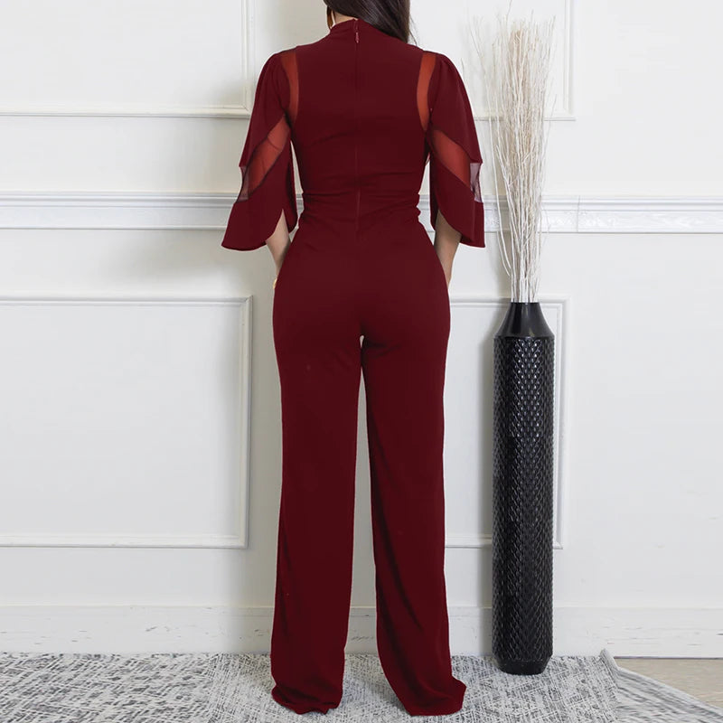 Office Lady O-neck Short Sleeved Romper Fashion Party Solid Color Long Pants Playsuit Mesh Splicing High Waist Straight Jumpsuit